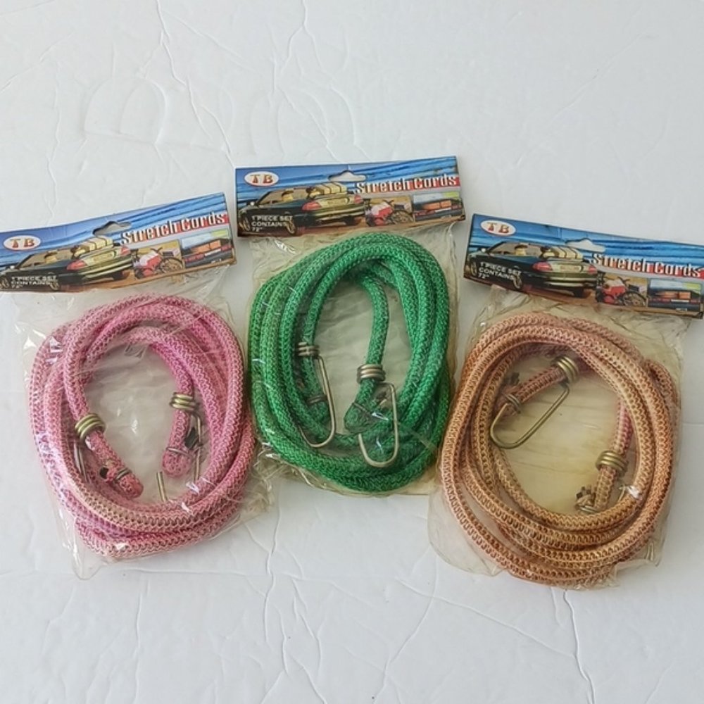 3 Stretch Cords 72" each w metal hooks 3 colors